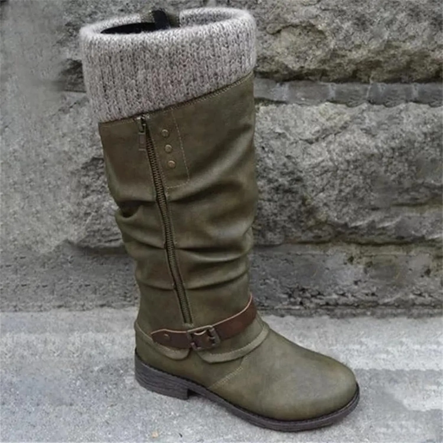 Lausiuoe Boots For Women Low Heel Sexy Western Cowboy Pointed Toe Knee High Cowgirl Wide Calf Fashion Chunky Booties