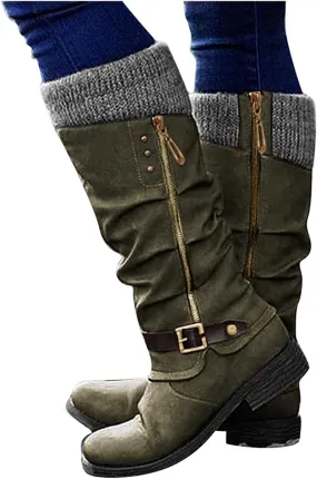 Lausiuoe Boots For Women Low Heel Sexy Western Cowboy Pointed Toe Knee High Cowgirl Wide Calf Fashion Chunky Booties