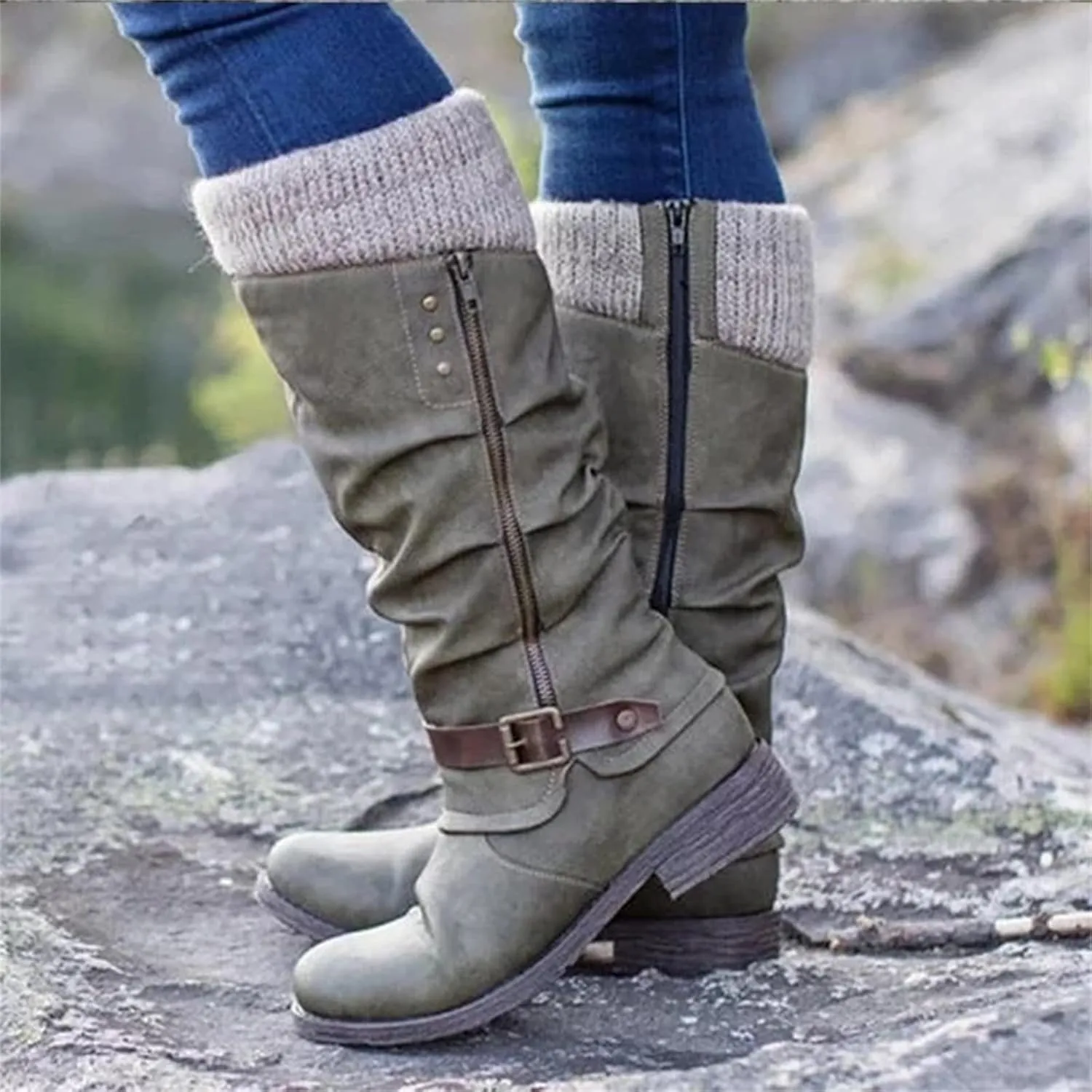 Lausiuoe Boots For Women Low Heel Sexy Western Cowboy Pointed Toe Knee High Cowgirl Wide Calf Fashion Chunky Booties