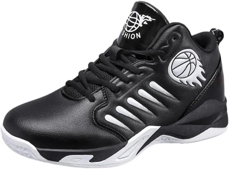 Men's Mid-Top Basketball Shoes  Breathable, Non-Slip, Shock-Absorbing Lace-Up Sports Sneakers with PU Upper, Fabric Lining