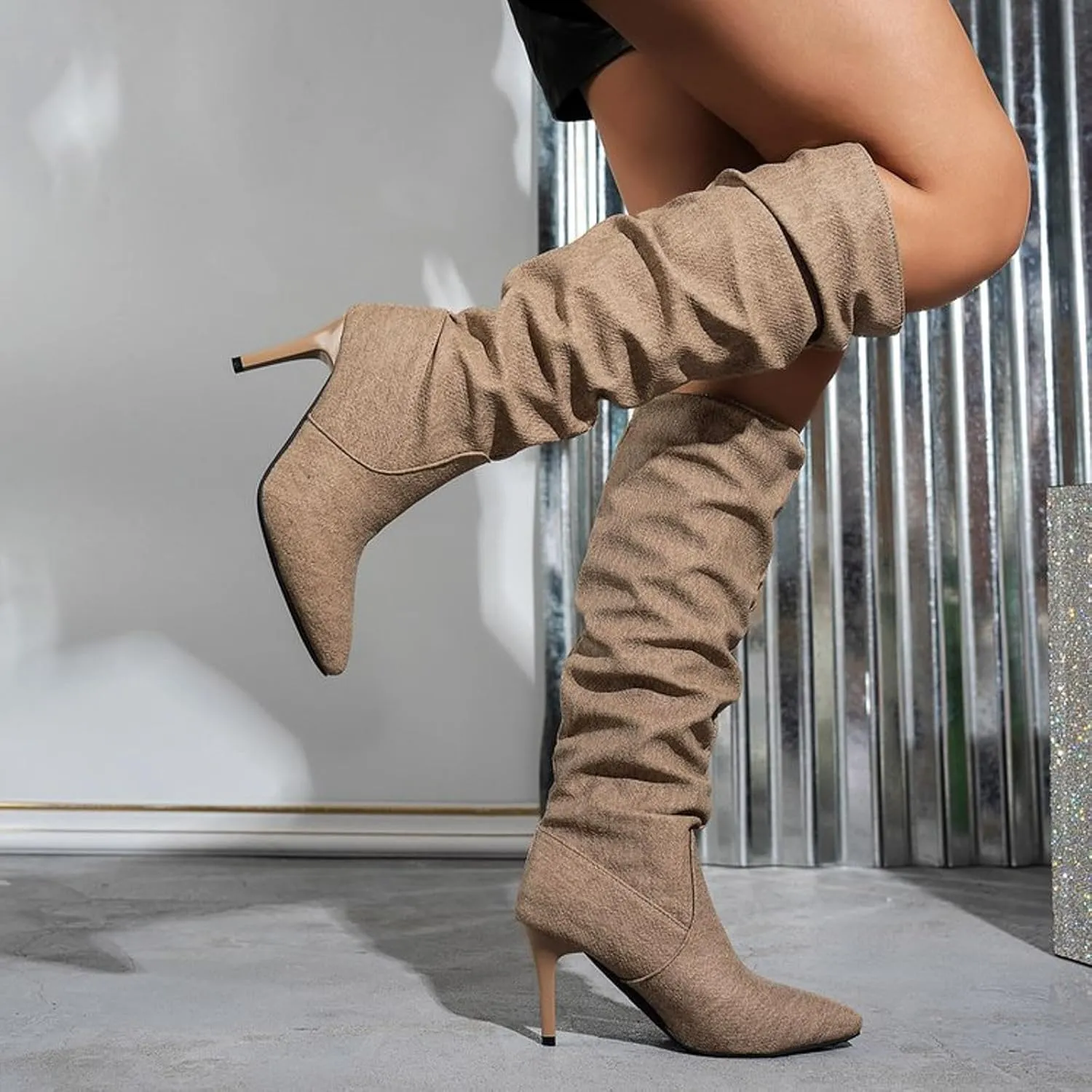 Mid Calf Boots Fashionable Versatile Solid Classic Boots High Heel Pointed Toe Vintage Fall Boots Women Leather