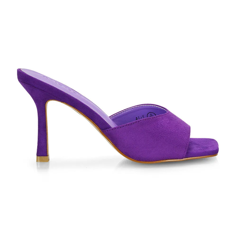 Sia Stiletto High Heeled Slip on Square Toe Mule Sandals in Mustard Faux Suede