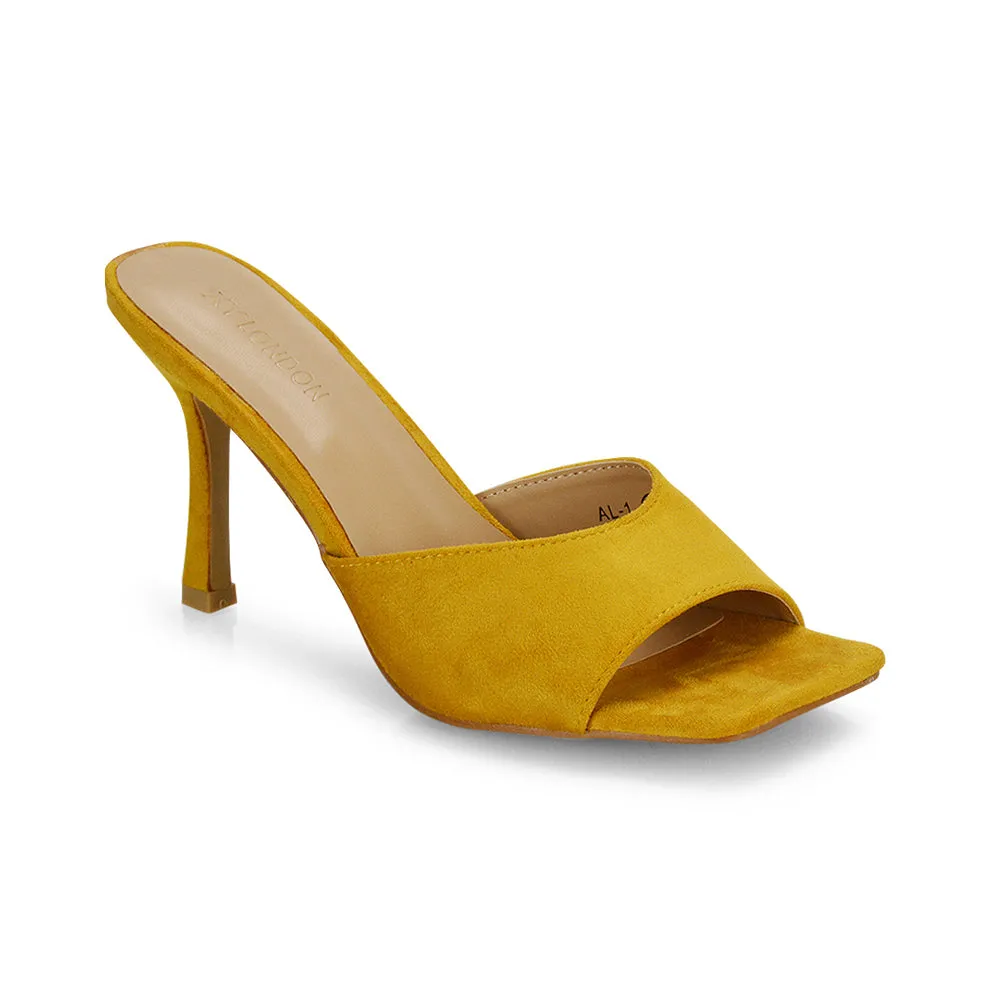 Sia Stiletto High Heeled Slip on Square Toe Mule Sandals in Mustard Faux Suede