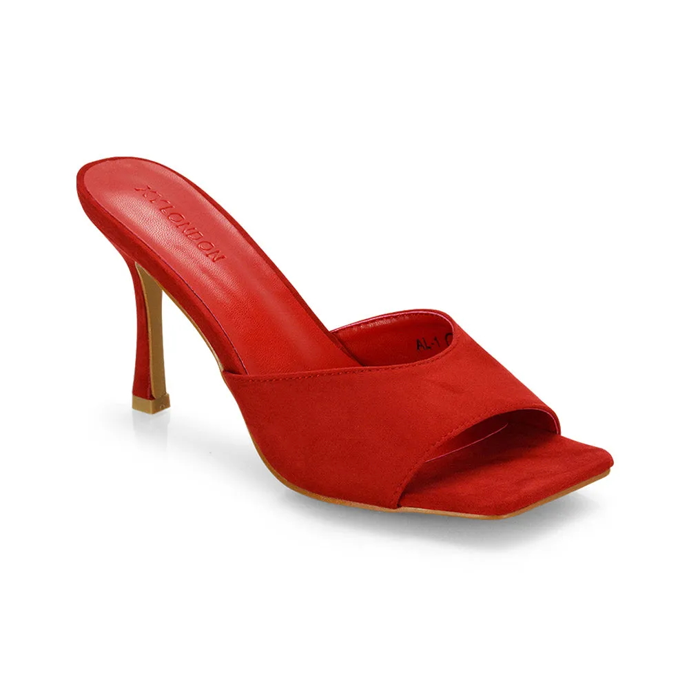 Sia Stiletto High Heeled Slip on Square Toe Mule Sandals in Mustard Faux Suede