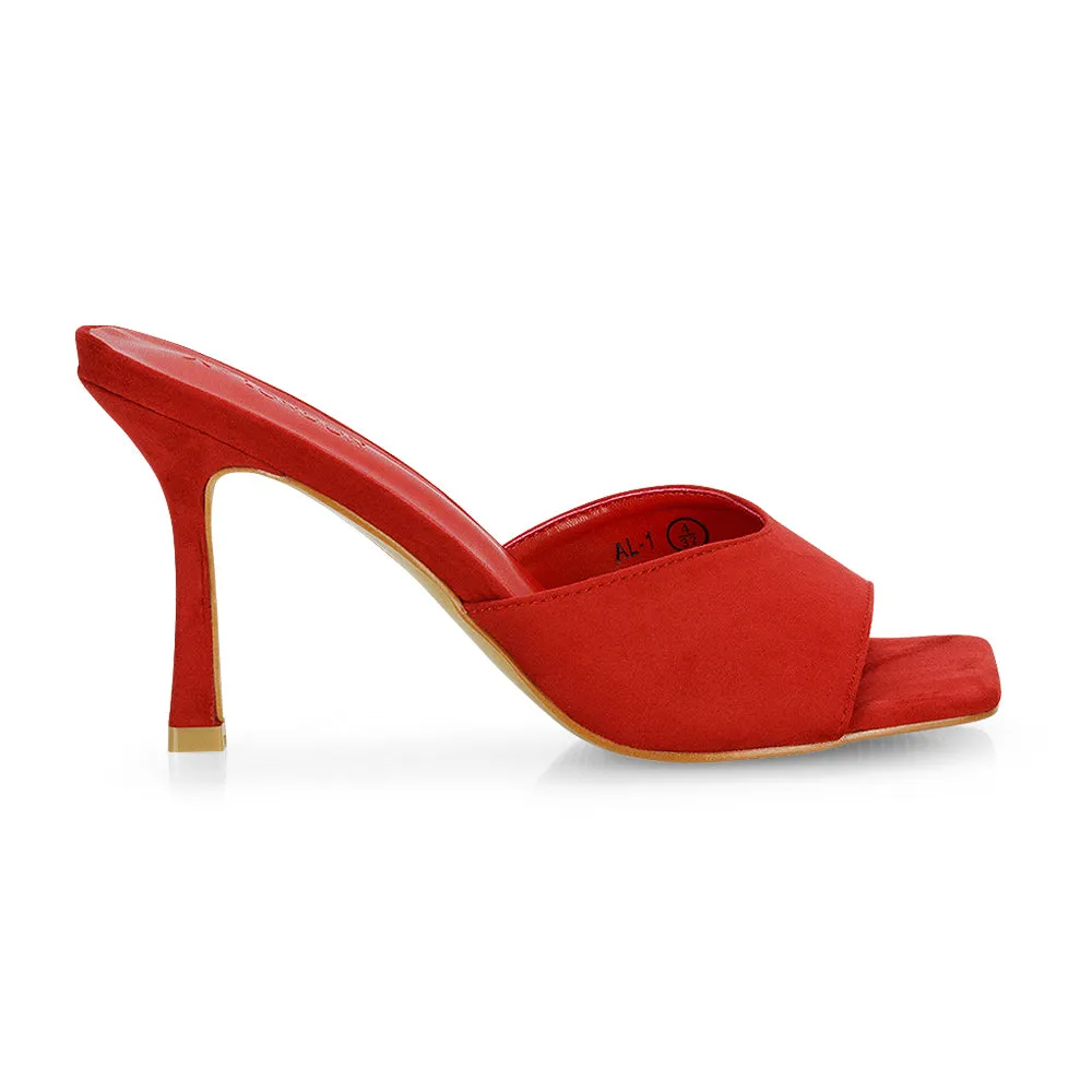 Sia Stiletto High Heeled Slip on Square Toe Mule Sandals in Mustard Faux Suede