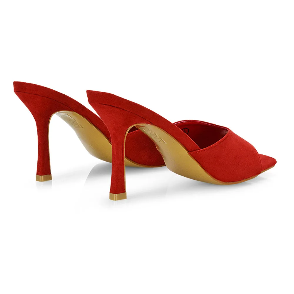 Sia Stiletto High Heeled Slip on Square Toe Mule Sandals in Mustard Faux Suede