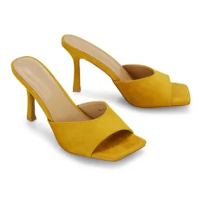 Sia Stiletto High Heeled Slip on Square Toe Mule Sandals in Mustard Faux Suede