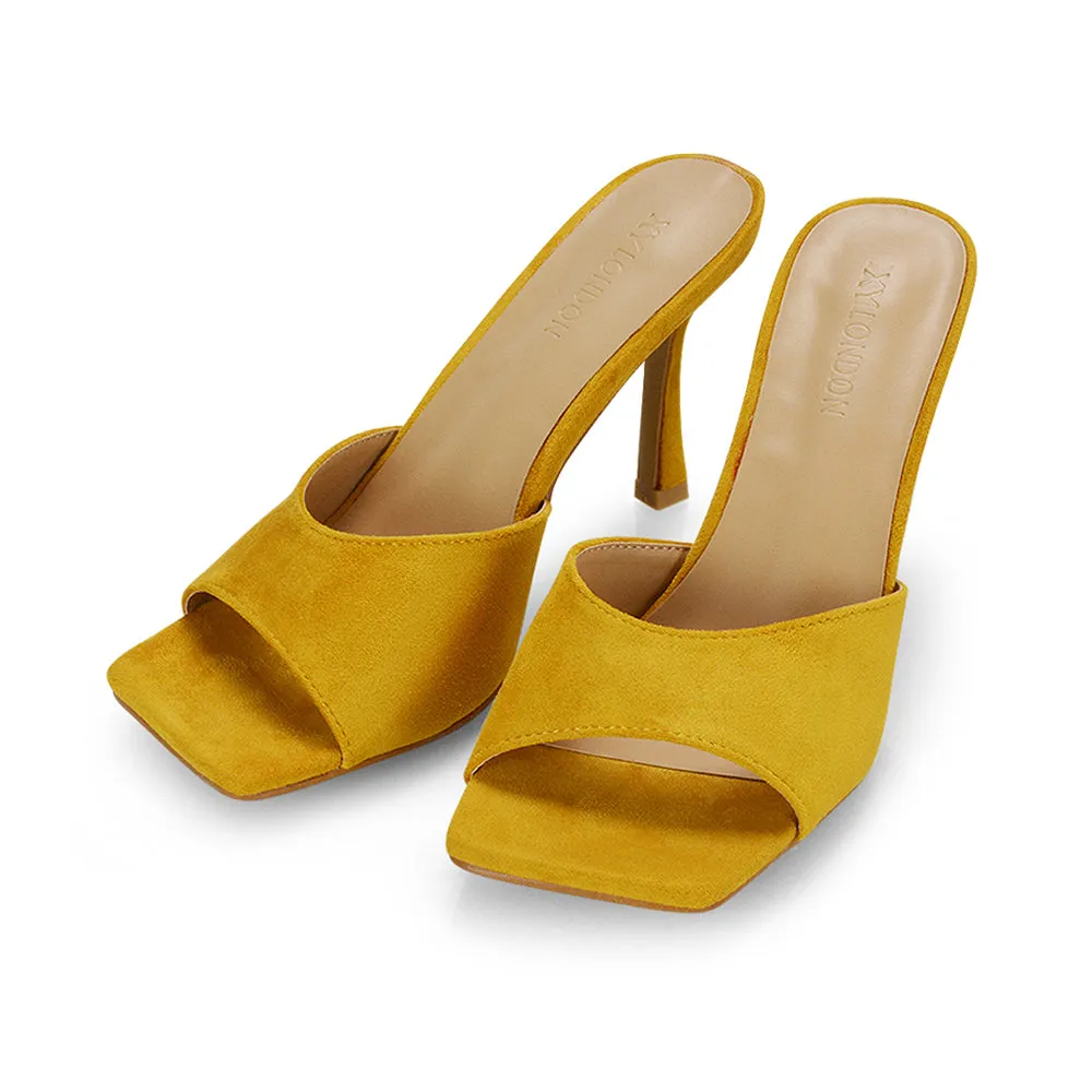 Sia Stiletto High Heeled Slip on Square Toe Mule Sandals in Mustard Faux Suede