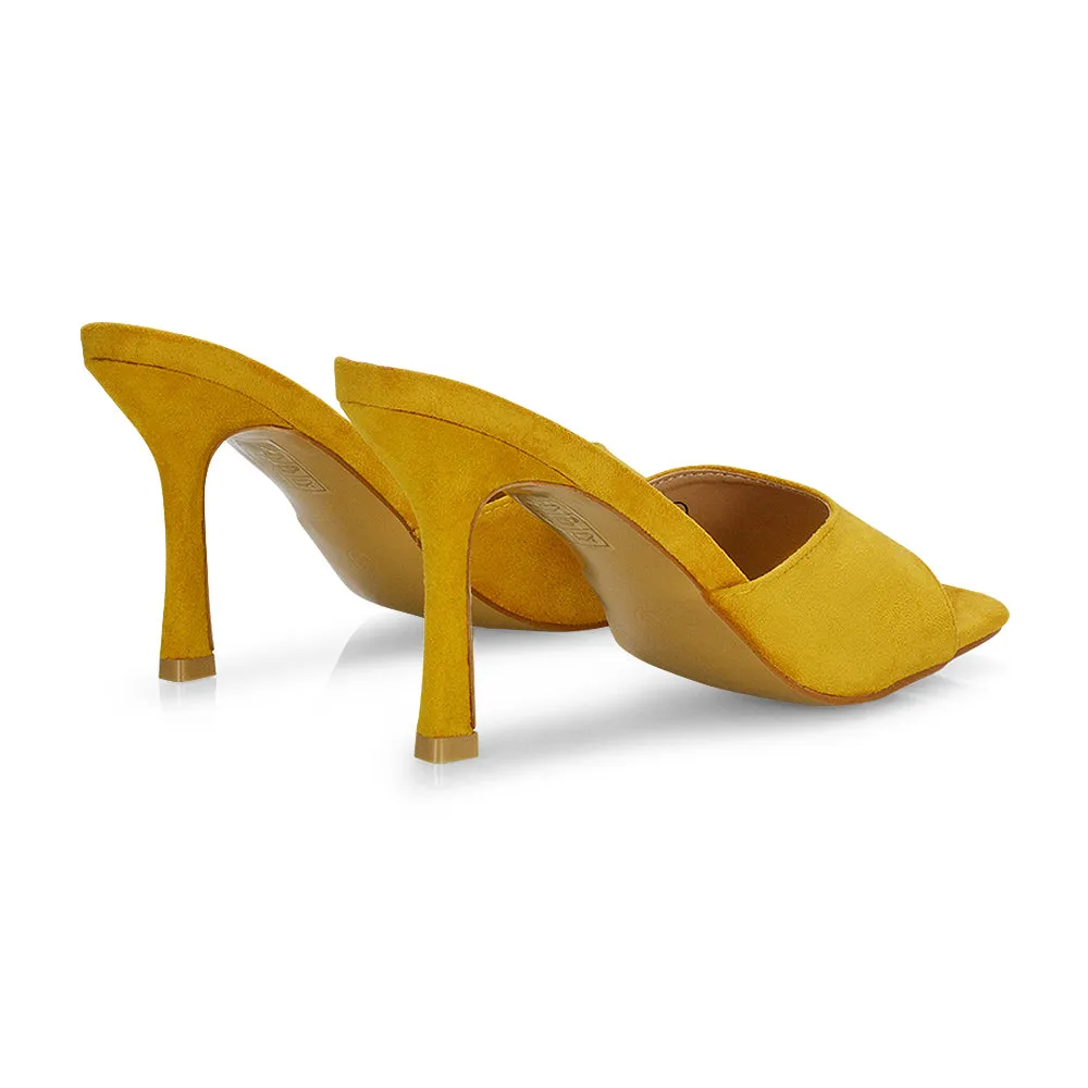 Sia Stiletto High Heeled Slip on Square Toe Mule Sandals in Mustard Faux Suede
