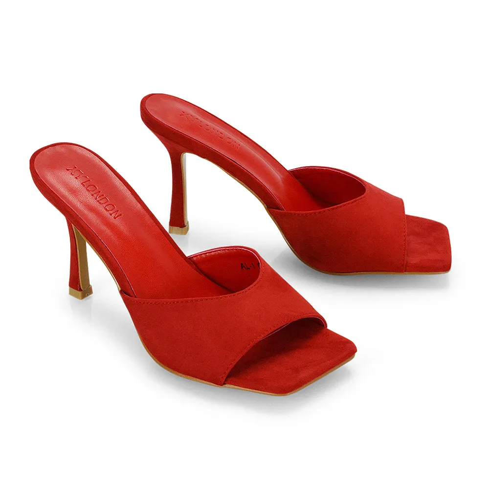 Sia Stiletto High Heeled Slip on Square Toe Mule Sandals in Mustard Faux Suede
