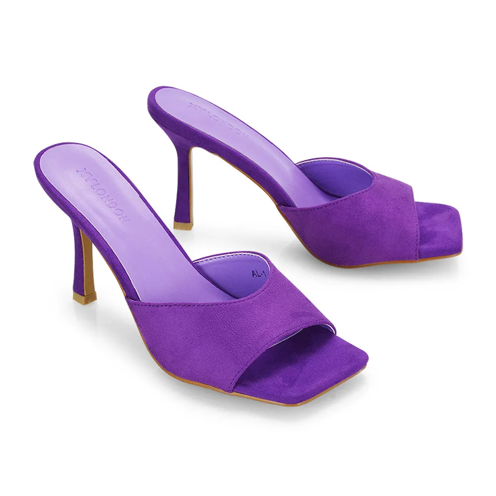 Sia Stiletto High Heeled Slip on Square Toe Mule Sandals in Mustard Faux Suede