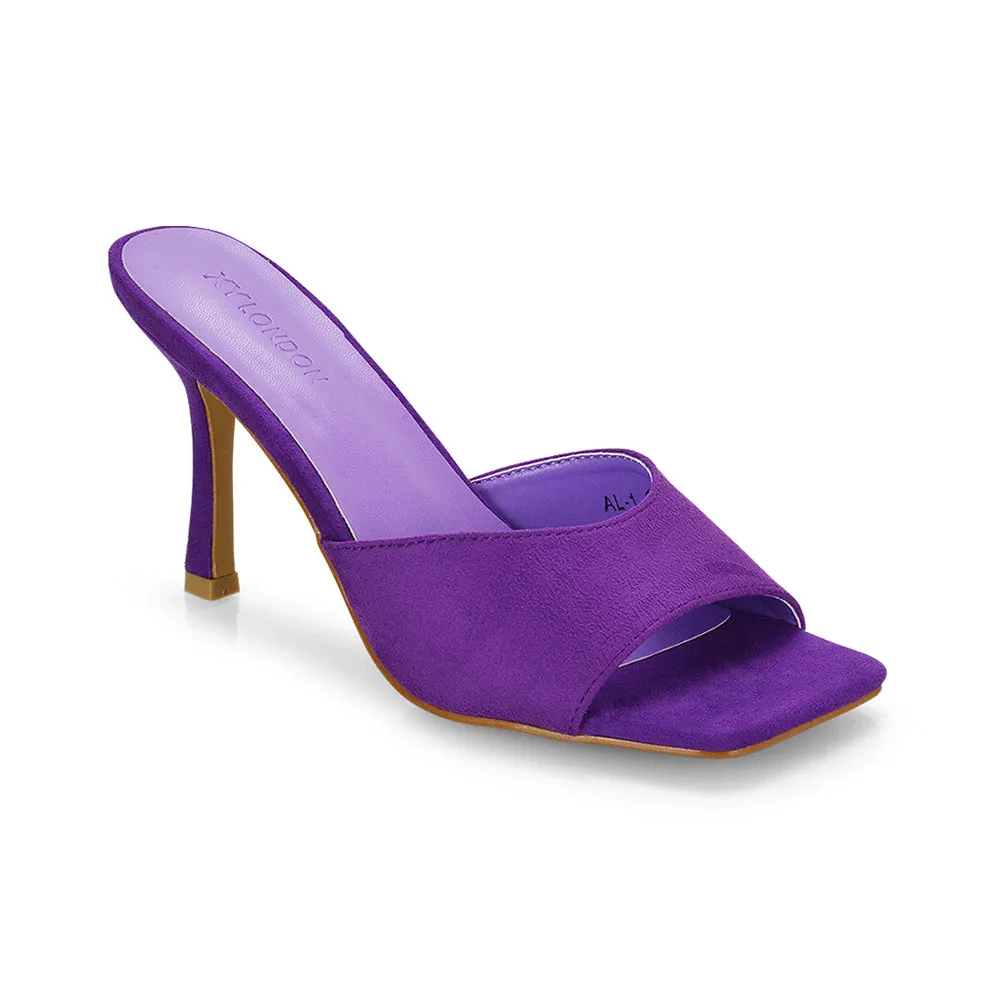 Sia Stiletto High Heeled Slip on Square Toe Mule Sandals in Mustard Faux Suede