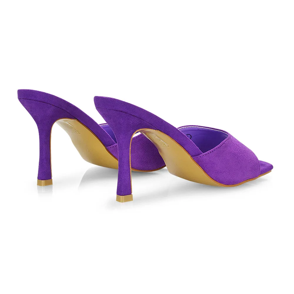 Sia Stiletto High Heeled Slip on Square Toe Mule Sandals in Mustard Faux Suede