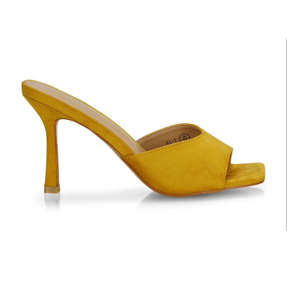 Sia Stiletto High Heeled Slip on Square Toe Mule Sandals in Mustard Faux Suede