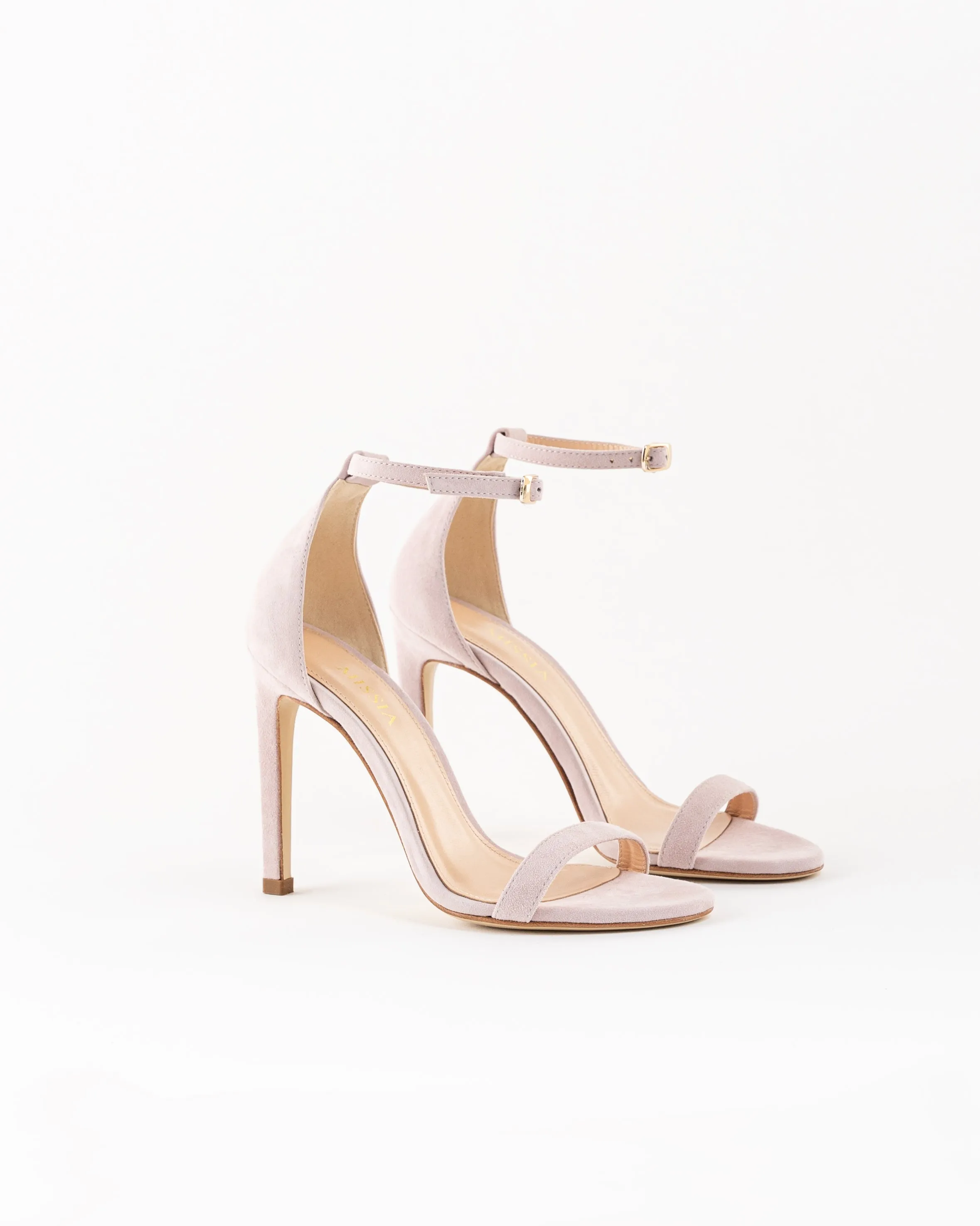 Tea Rose Suede Leather Open Toe High Block Heel Ankle Strap Sandals