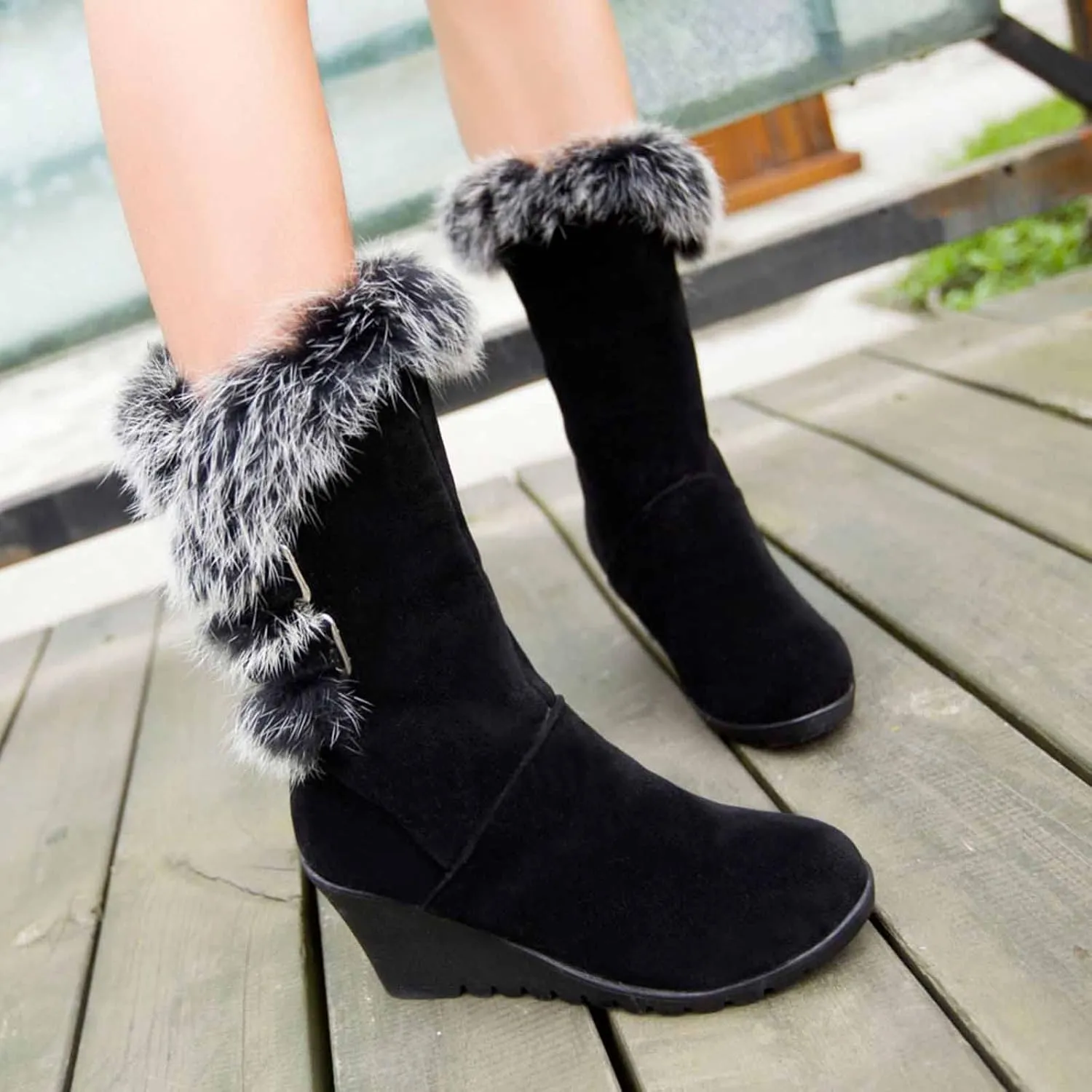 White Cowgirl Boots Comfortable Velvet Wedge Boots Round Toe Suede Lug Sole Thigh High Boots Mid-Calf Boots