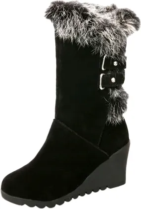 White Cowgirl Boots Comfortable Velvet Wedge Boots Round Toe Suede Lug Sole Thigh High Boots Mid-Calf Boots
