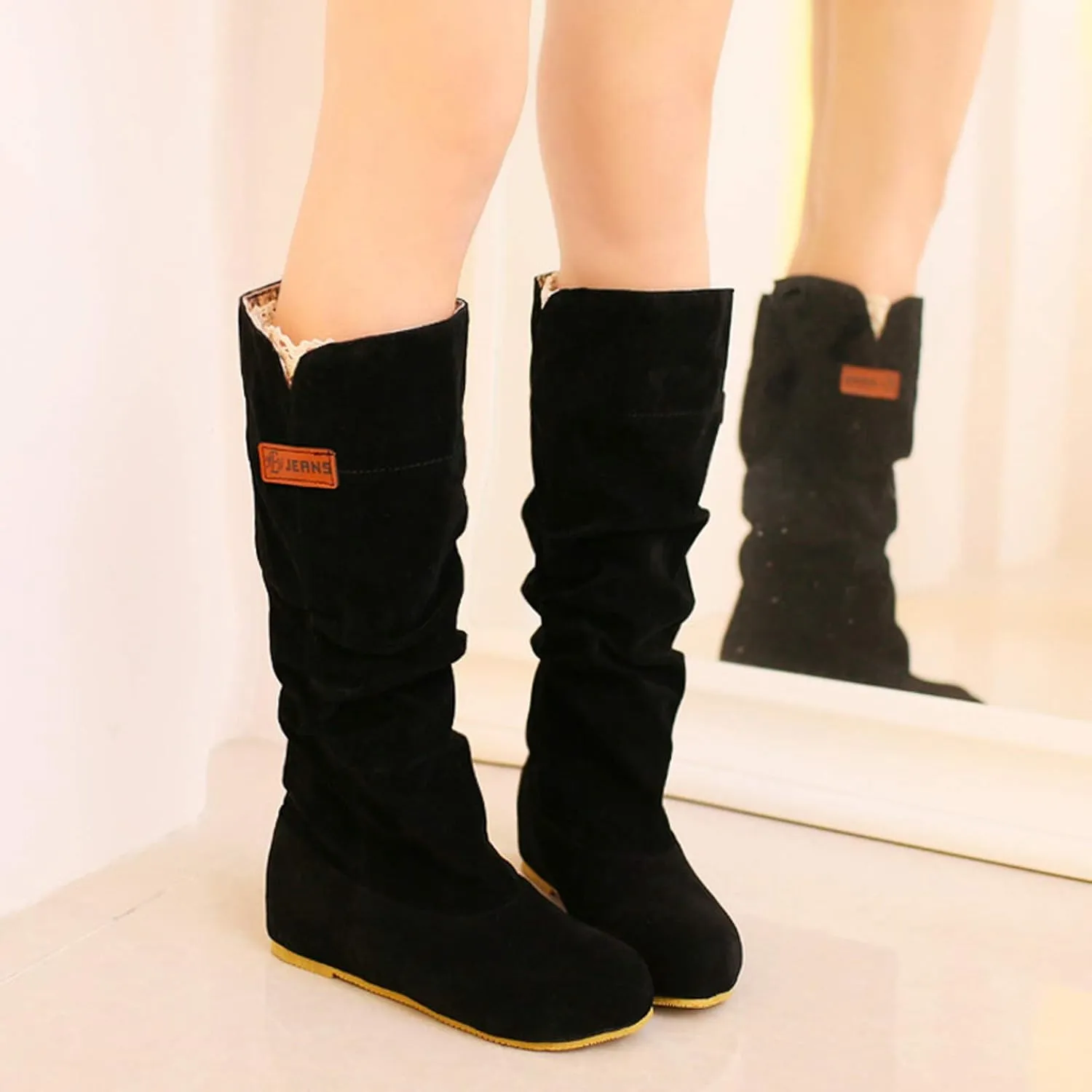 White Cowgirl Boots Pull On Flat Thigh High Boots Suede Mid-Calf Knee High Boots Fall Work Tall Long Bootie