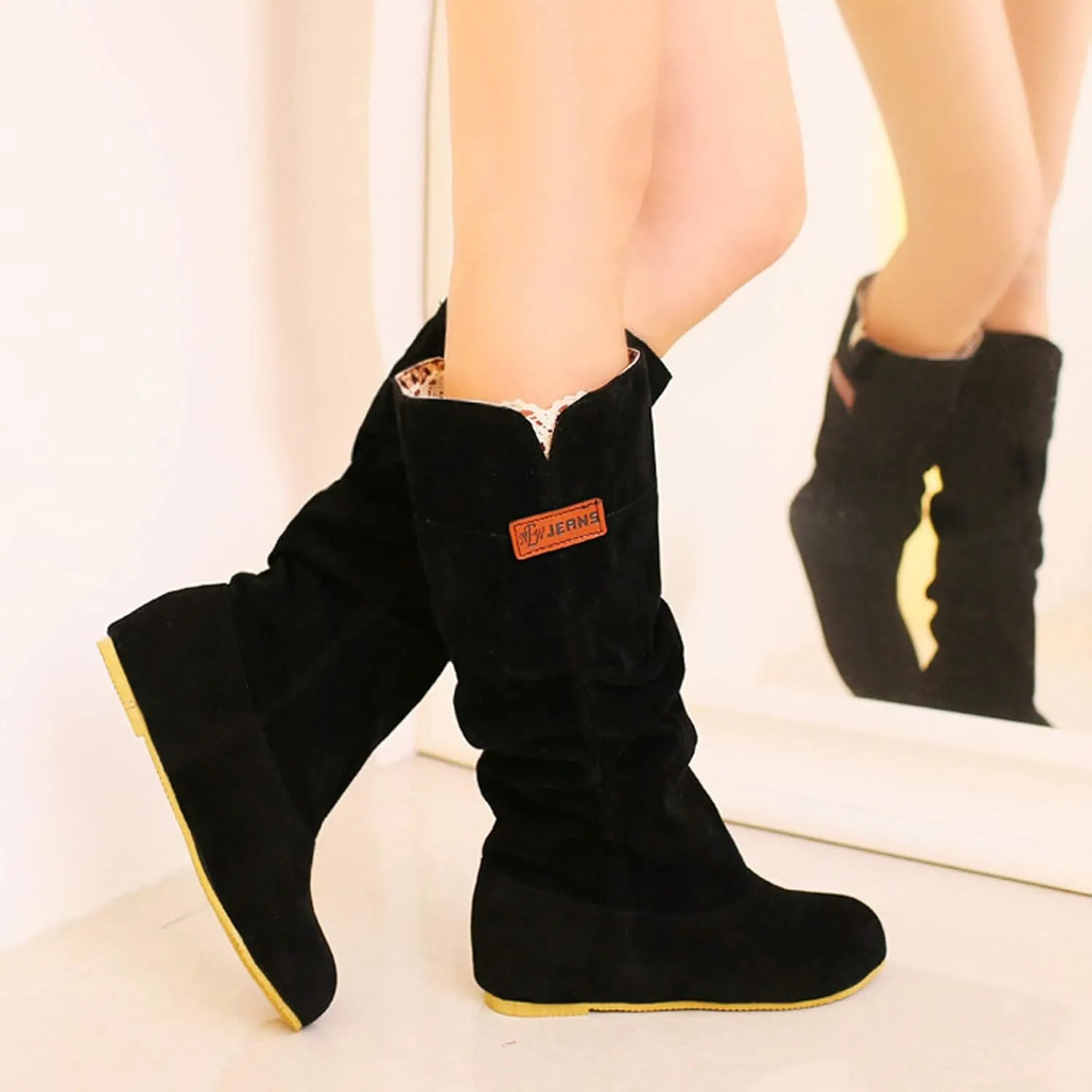 White Cowgirl Boots Pull On Flat Thigh High Boots Suede Mid-Calf Knee High Boots Fall Work Tall Long Bootie