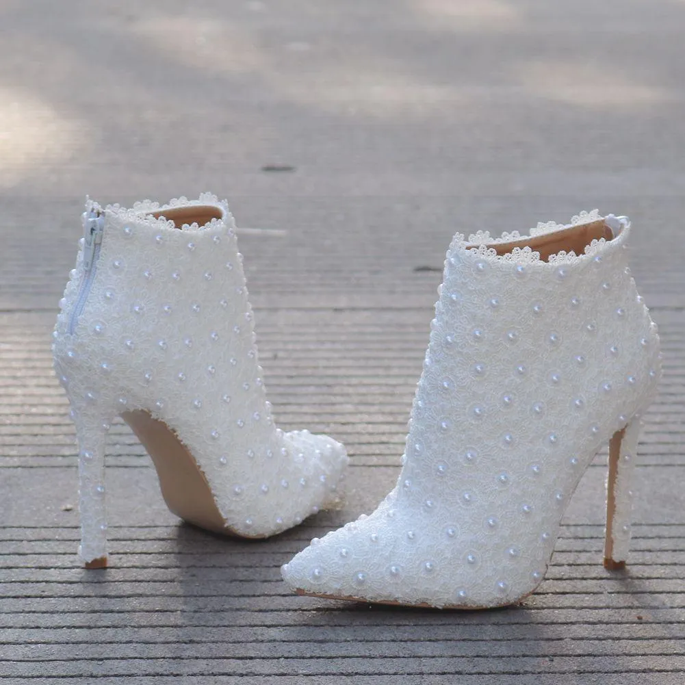 White lace stiletto heeled wedding pointed toe bridal ankle boots