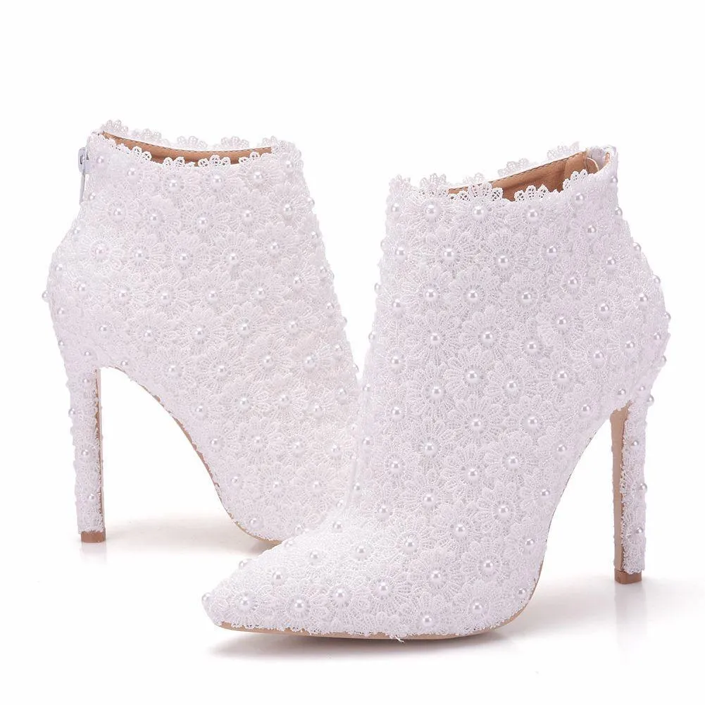 White lace stiletto heeled wedding pointed toe bridal ankle boots