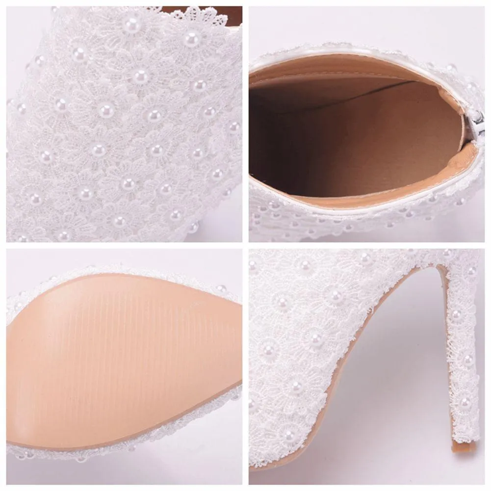 White lace stiletto heeled wedding pointed toe bridal ankle boots