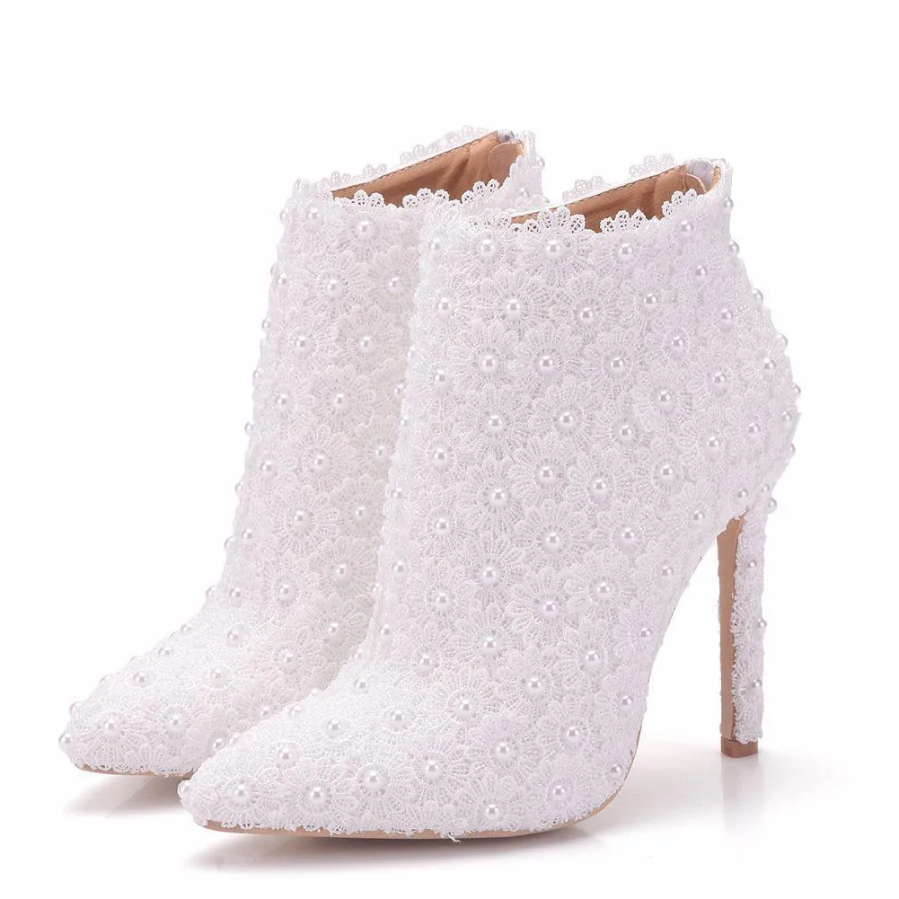 White lace stiletto heeled wedding pointed toe bridal ankle boots