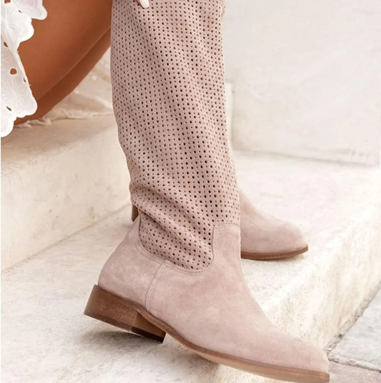 Winter Boots For Women Hollow Out Suede Flats Thigh High Boots Pull On Knee High Boots Mid Calf Fall Boots