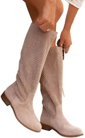 Winter Boots For Women Hollow Out Suede Flats Thigh High Boots Pull On Knee High Boots Mid Calf Fall Boots