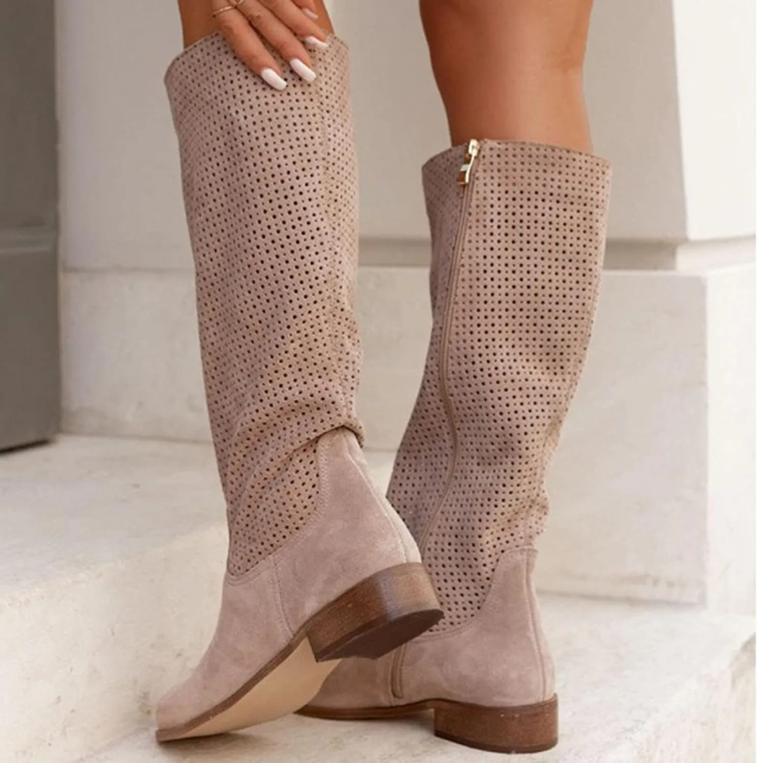 Winter Boots For Women Hollow Out Suede Flats Thigh High Boots Pull On Knee High Boots Mid Calf Fall Boots