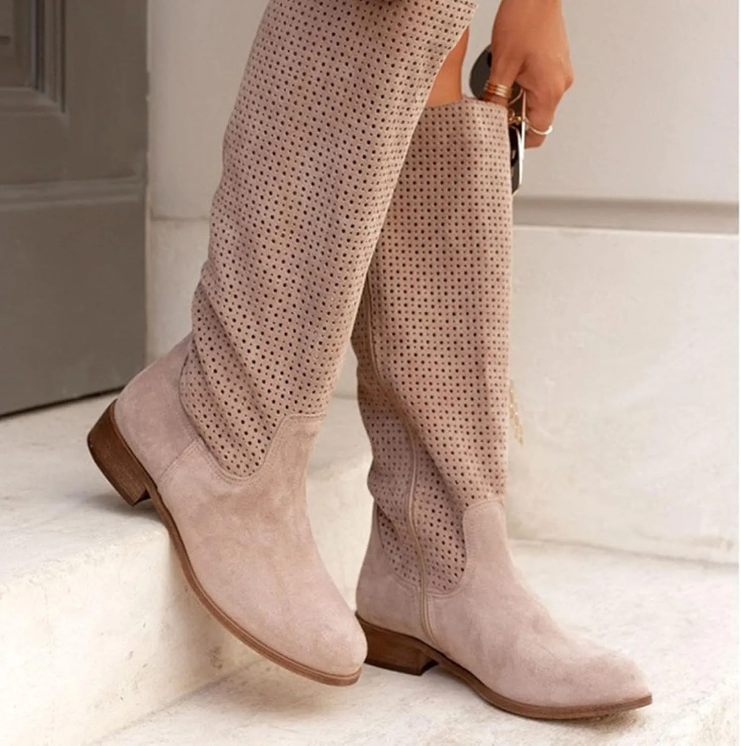 Winter Boots For Women Hollow Out Suede Flats Thigh High Boots Pull On Knee High Boots Mid Calf Fall Boots