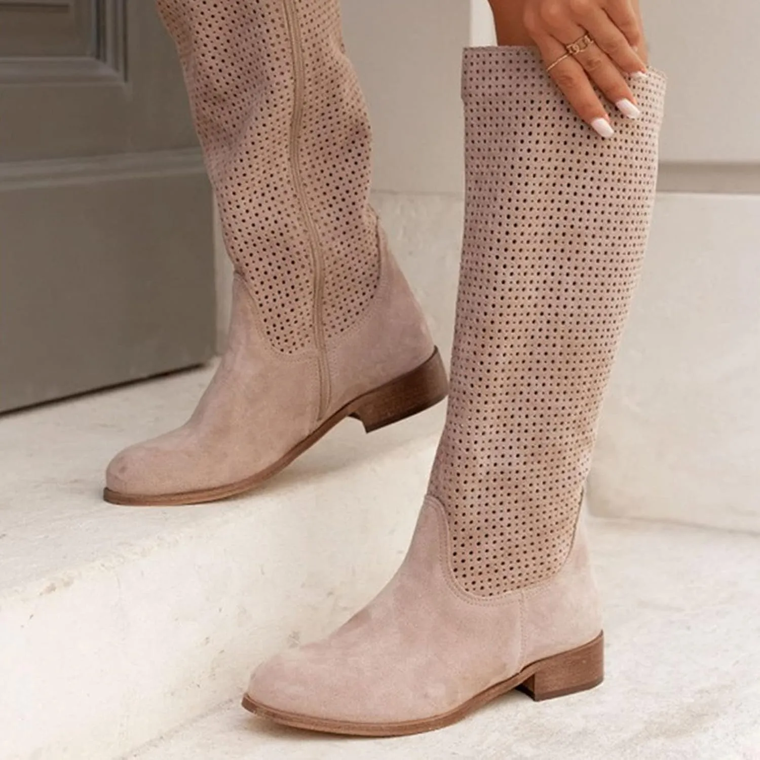 Winter Boots For Women Hollow Out Suede Flats Thigh High Boots Pull On Knee High Boots Mid Calf Fall Boots