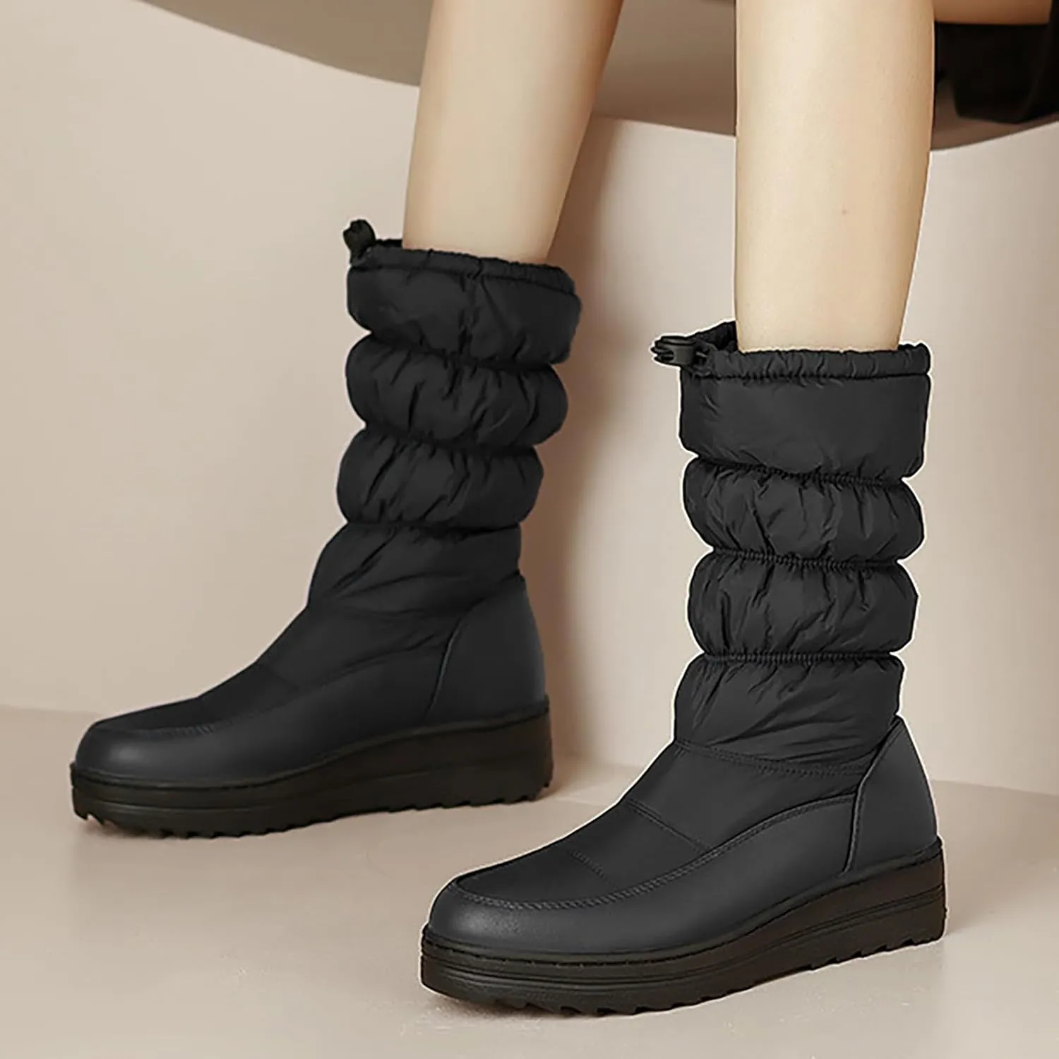 Winter Boots for Women Warm Fur Lined Mid Calf Winter Booties Puffy Waterproof Slip On Lightweight Womens Boots