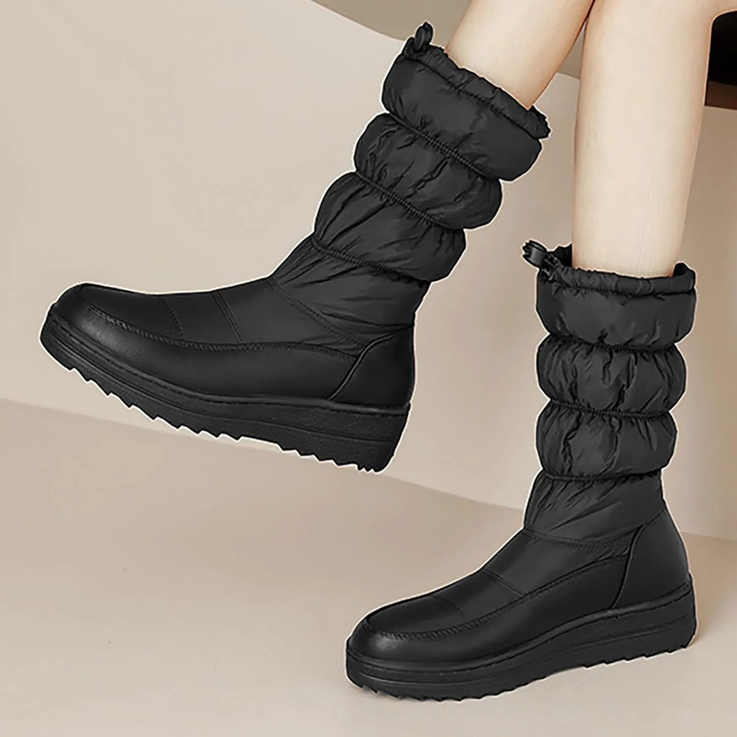 Winter Boots for Women Warm Fur Lined Mid Calf Winter Booties Puffy Waterproof Slip On Lightweight Womens Boots