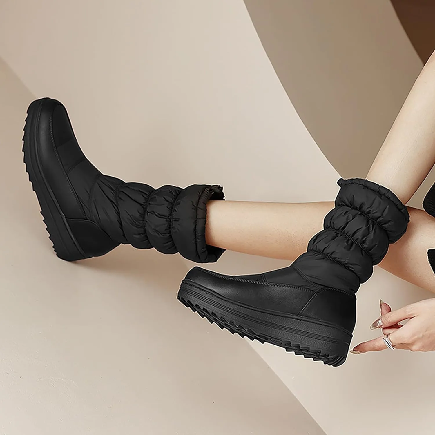 Winter Boots for Women Warm Fur Lined Mid Calf Winter Booties Puffy Waterproof Slip On Lightweight Womens Boots