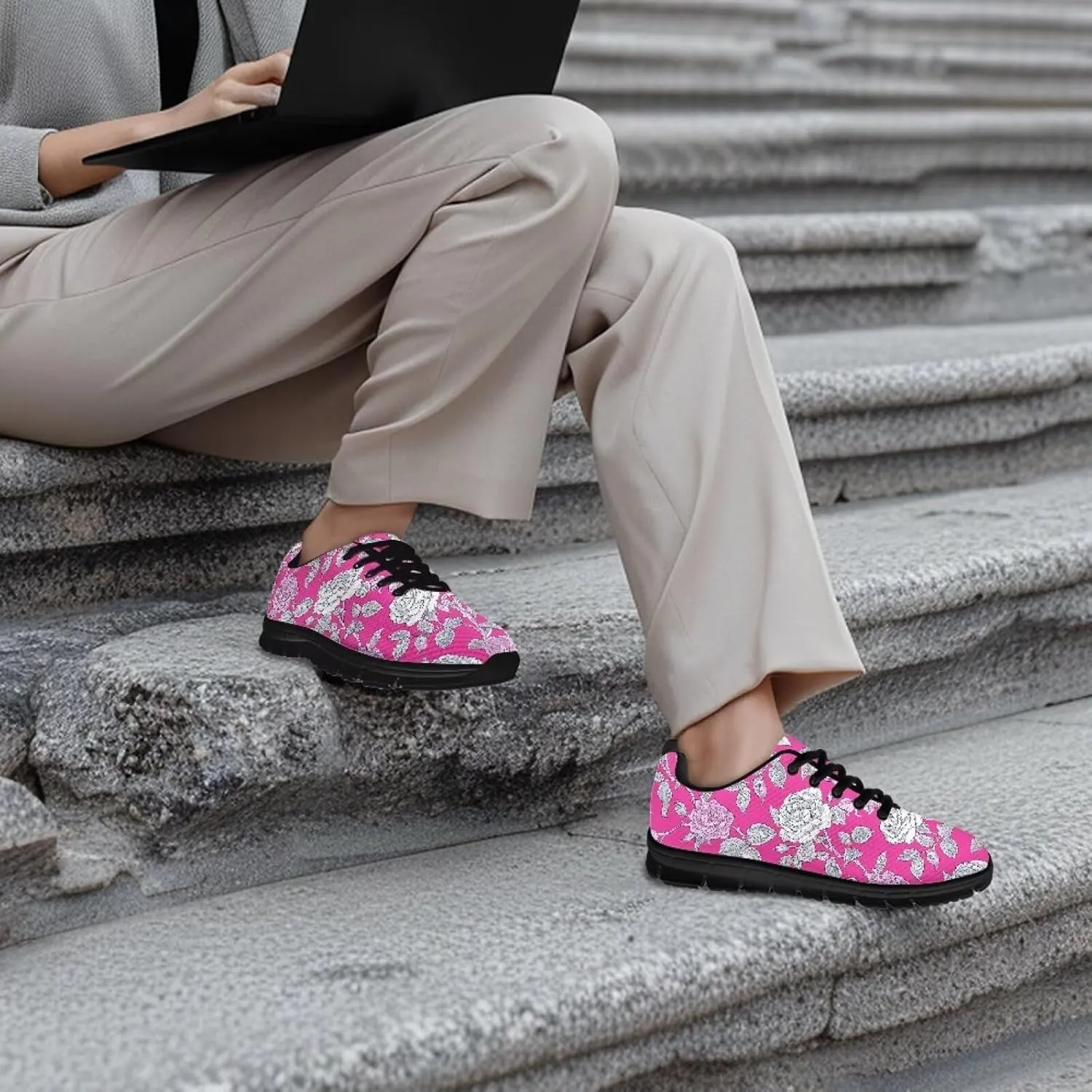 Women Cushioned Running Shoe Outdoor Fashion Sneakers Low Top Casual Comfortable Shoes for Workout US 5-12 Black Sole
