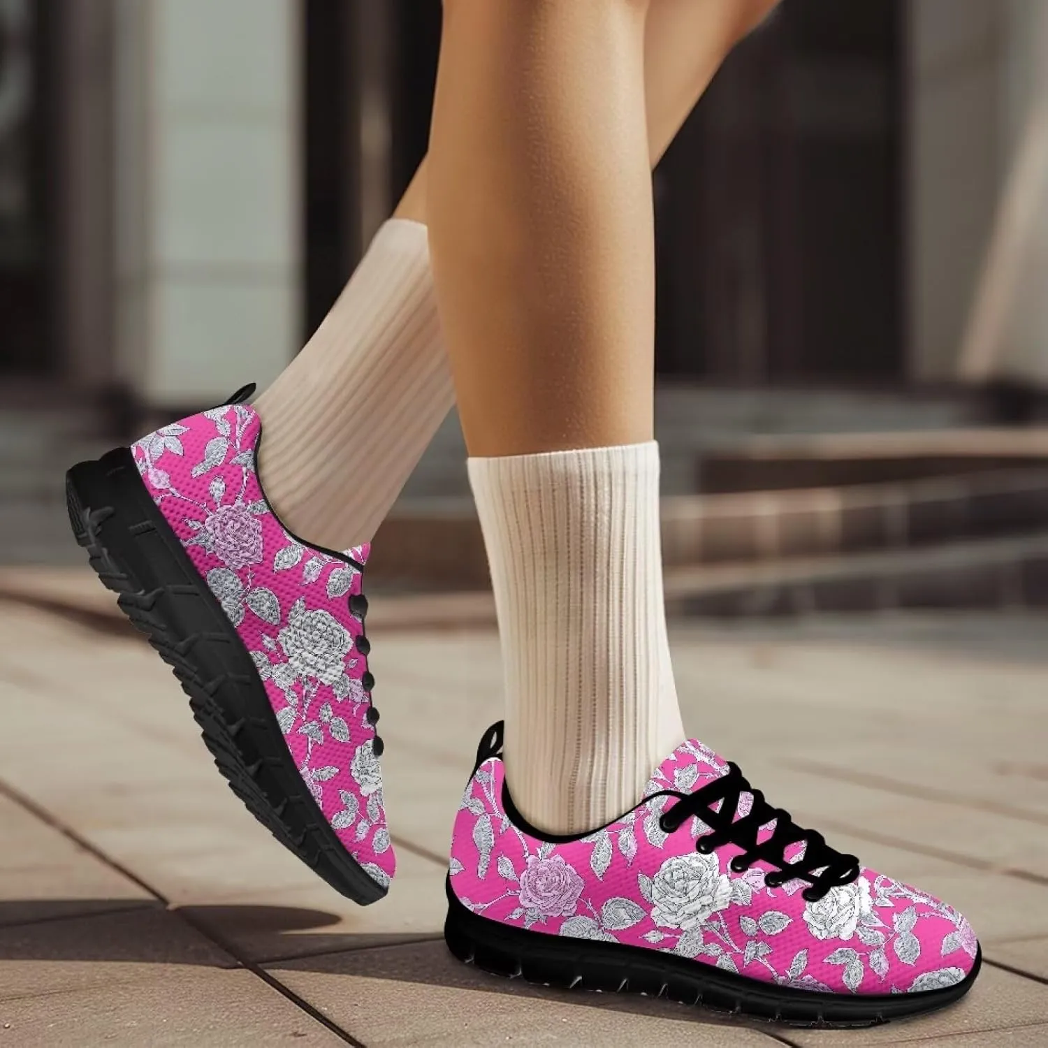 Women Cushioned Running Shoe Outdoor Fashion Sneakers Low Top Casual Comfortable Shoes for Workout US 5-12 Black Sole