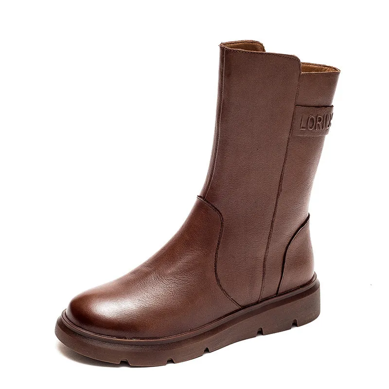 Women Solid Cowhide Casual Mid Calf Boots