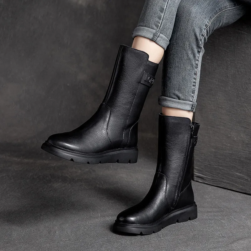 Women Solid Cowhide Casual Mid Calf Boots