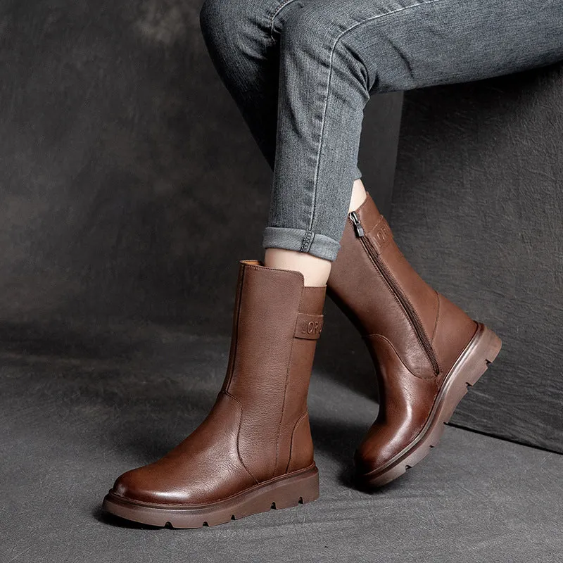 Women Solid Cowhide Casual Mid Calf Boots