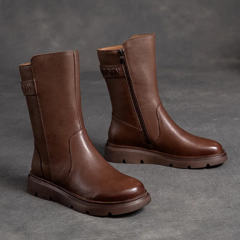 Women Solid Cowhide Casual Mid Calf Boots