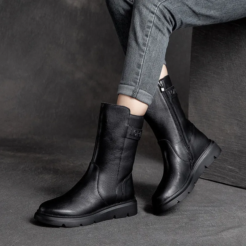Women Solid Cowhide Casual Mid Calf Boots