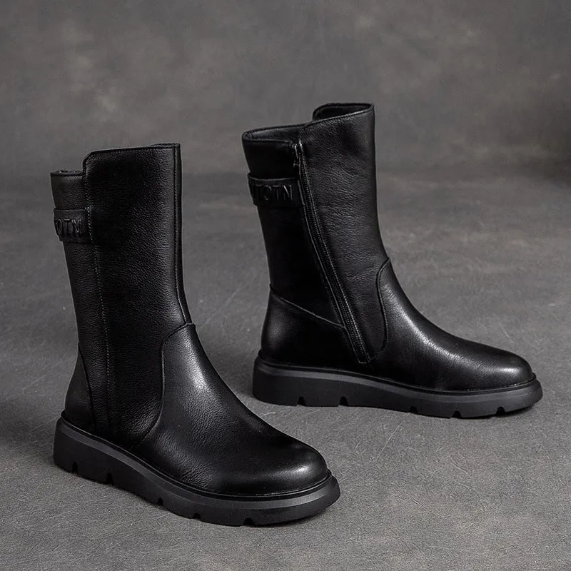Women Solid Cowhide Casual Mid Calf Boots