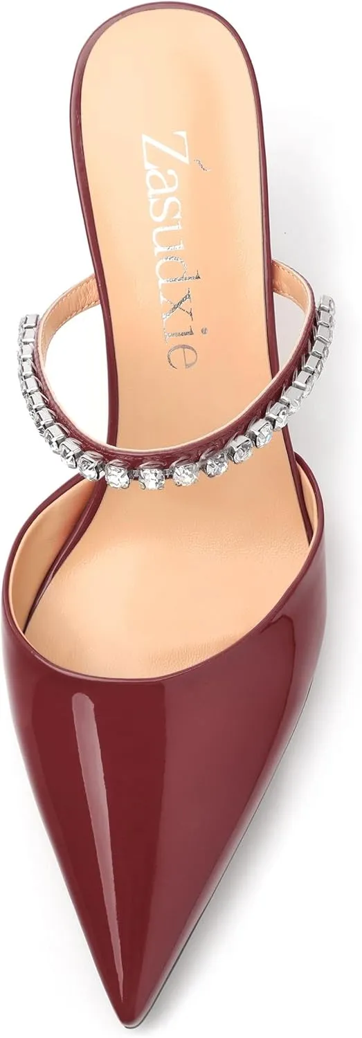 Womens Heeled Sandals Rhinestones Strap Pointed Toe Stiletto High Heels Fashion Dress Mules Shoes For Women 2.5 Inch
