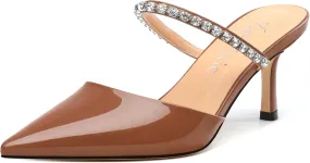 Womens Heeled Sandals Rhinestones Strap Pointed Toe Stiletto High Heels Fashion Dress Mules Shoes For Women 2.5 Inch