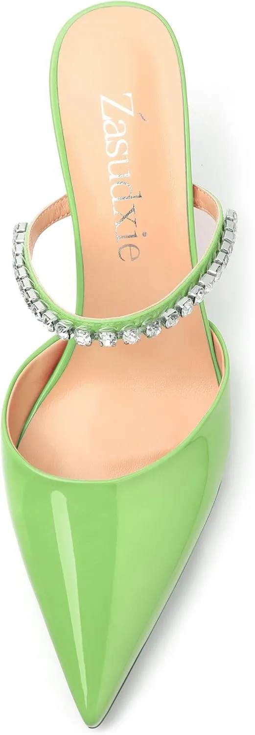 Womens Heeled Sandals Rhinestones Strap Pointed Toe Stiletto High Heels Fashion Dress Mules Shoes For Women 2.5 Inch