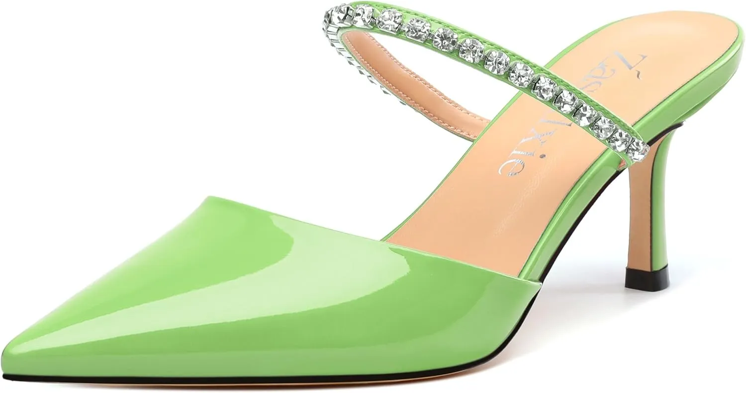 Womens Heeled Sandals Rhinestones Strap Pointed Toe Stiletto High Heels Fashion Dress Mules Shoes For Women 2.5 Inch
