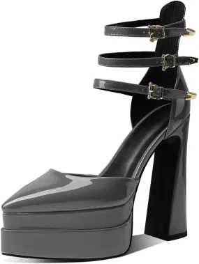 Womens Platform Heels Chunky High Block Heels Pointed Toe Pumps