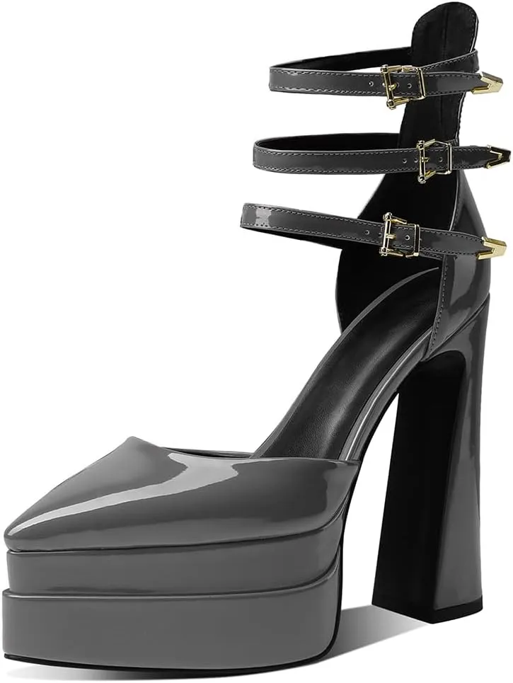 Womens Platform Heels Chunky High Block Heels Pointed Toe Pumps