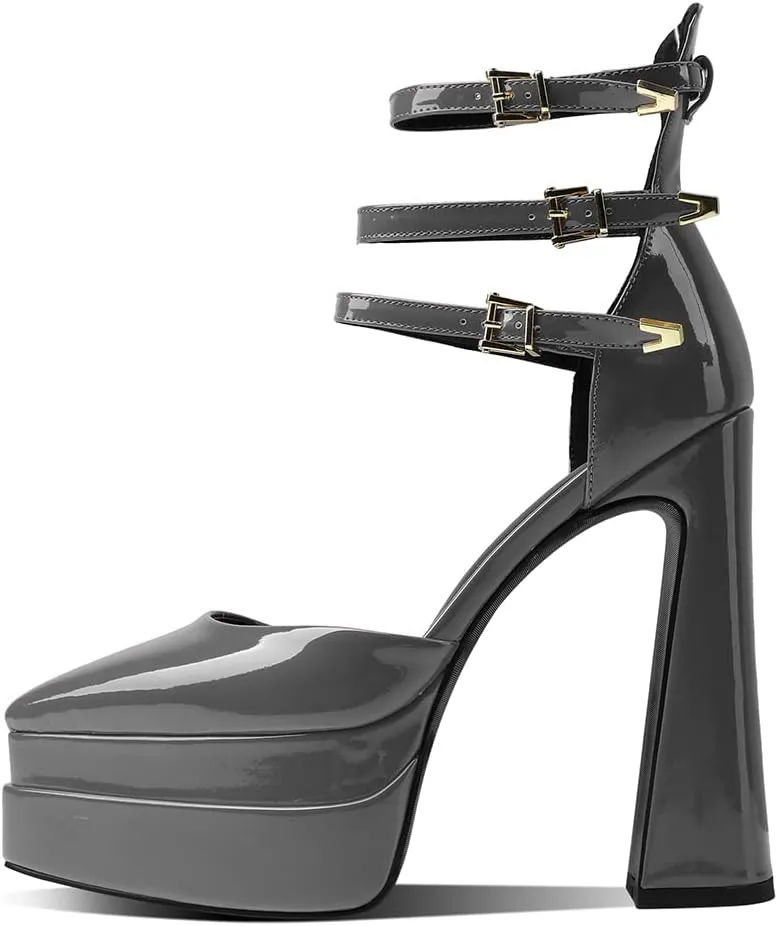 Womens Platform Heels Chunky High Block Heels Pointed Toe Pumps